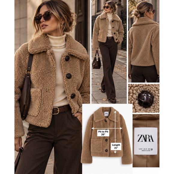 Zara Jackets & Blazers - Zara Teddy Faux Shearling Jacket S 6 Camel Cropped Grandpacore Quiet Luxury